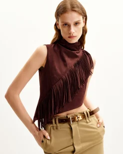 Adeline Asymmetric Fringe Sueded Top - Burgundy