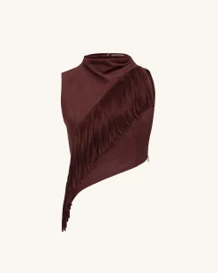 Adeline Asymmetric Fringe Sueded Top - Burgundy
