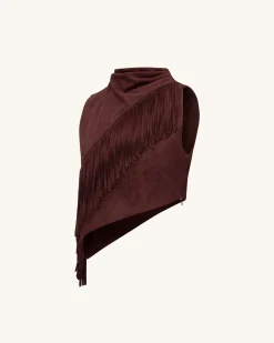 Adeline Asymmetric Fringe Sueded Top - Burgundy