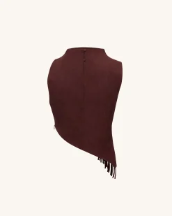 Adeline Asymmetric Fringe Sueded Top - Burgundy