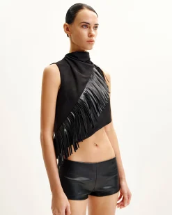 Adeline Asymmetric Fringe Sueded Top - Black