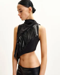 Adeline Asymmetric Fringe Sueded Top - Black