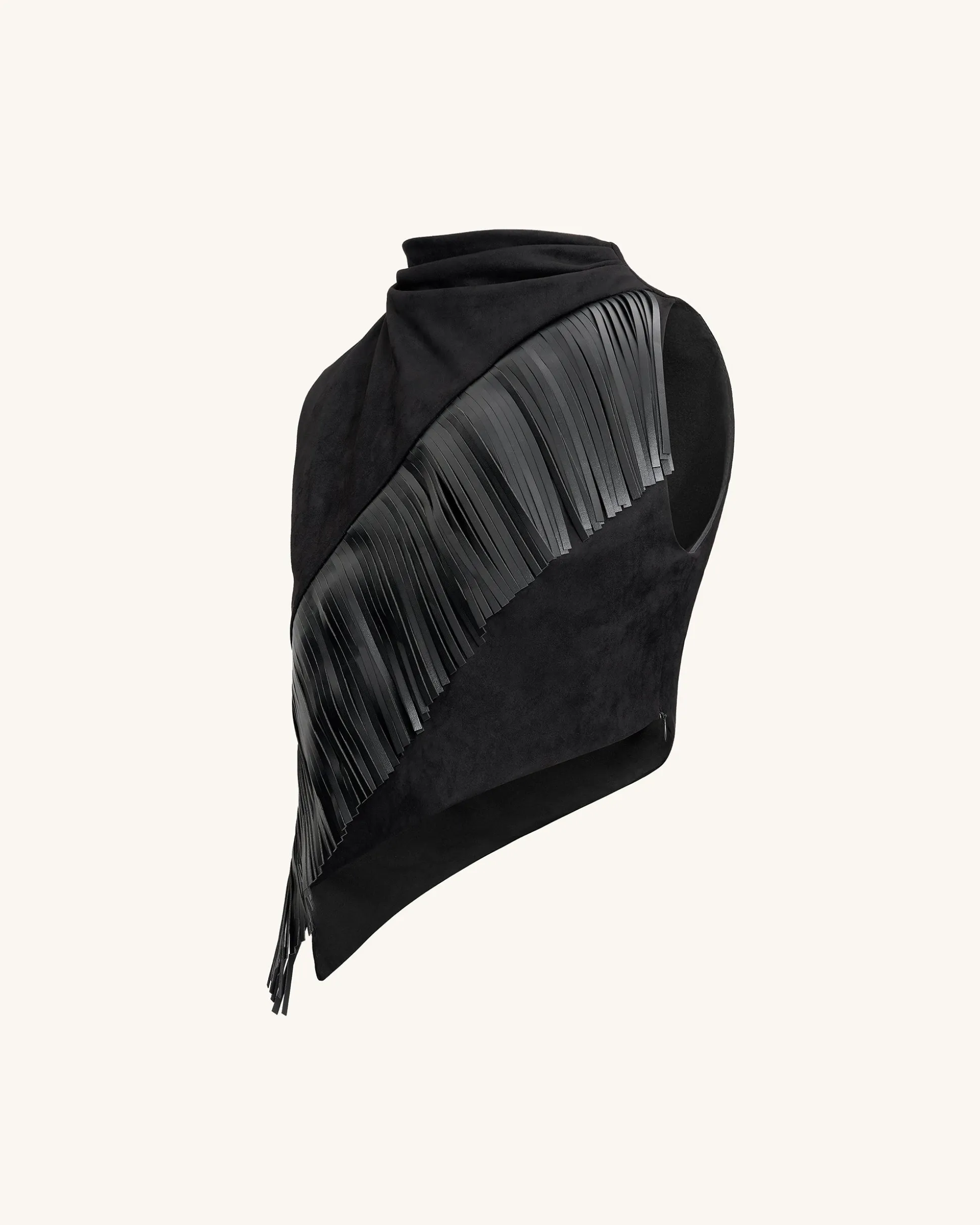 Adeline Asymmetric Fringe Sueded Top - Black