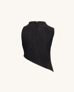 Adeline Asymmetric Fringe Sueded Top - Black