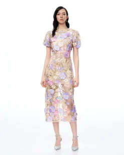 Alaric Round Neck 3D Floral Embroidered Maxi Dress - Pastel Multi