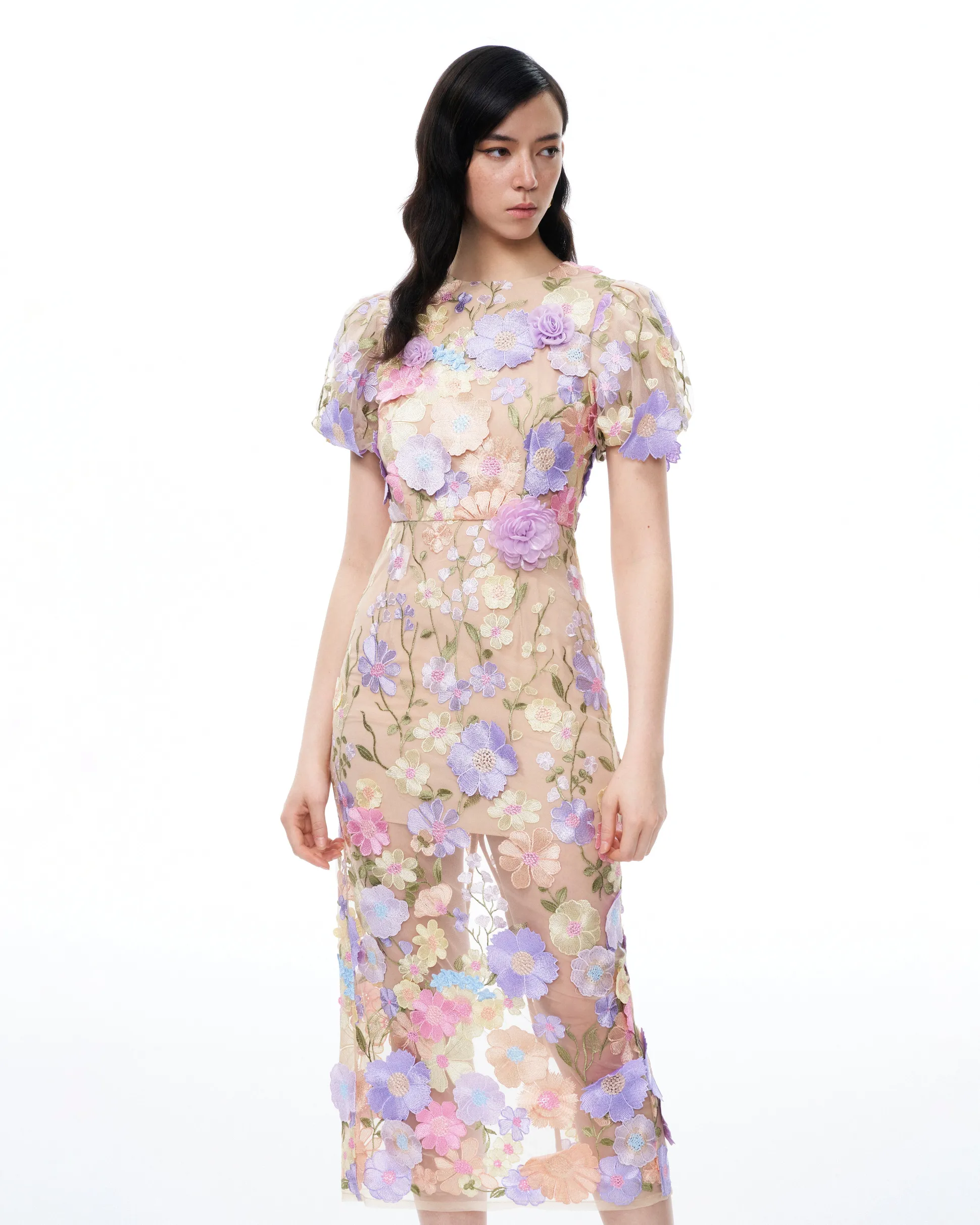 Alaric Round Neck 3D Floral Embroidered Maxi Dress - Pastel Multi