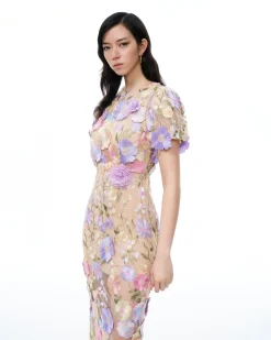 Alaric Round Neck 3D Floral Embroidered Maxi Dress - Pastel Multi