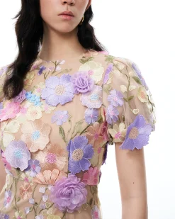 Alaric Round Neck 3D Floral Embroidered Maxi Dress - Pastel Multi