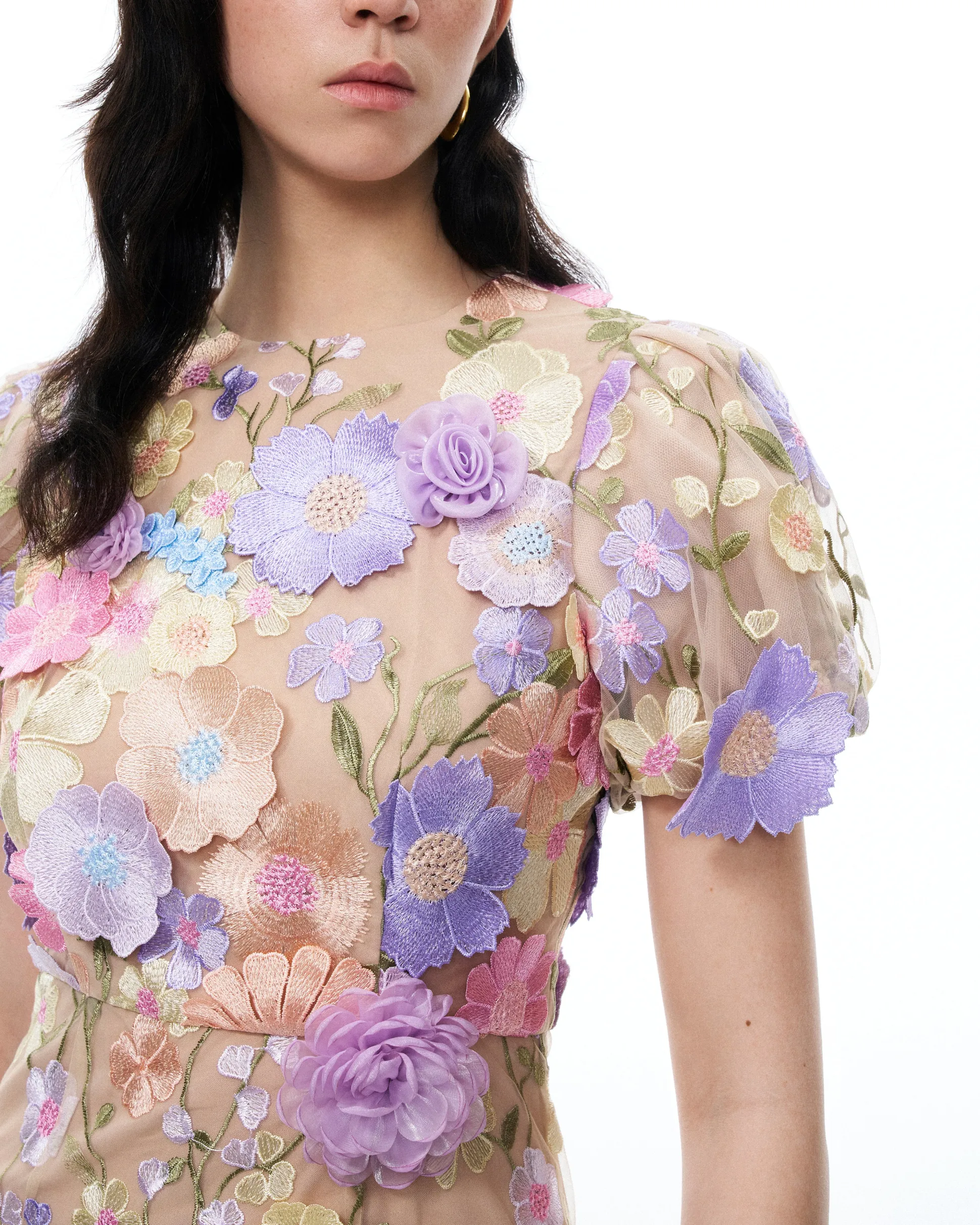 Alaric Round Neck 3D Floral Embroidered Maxi Dress - Pastel Multi
