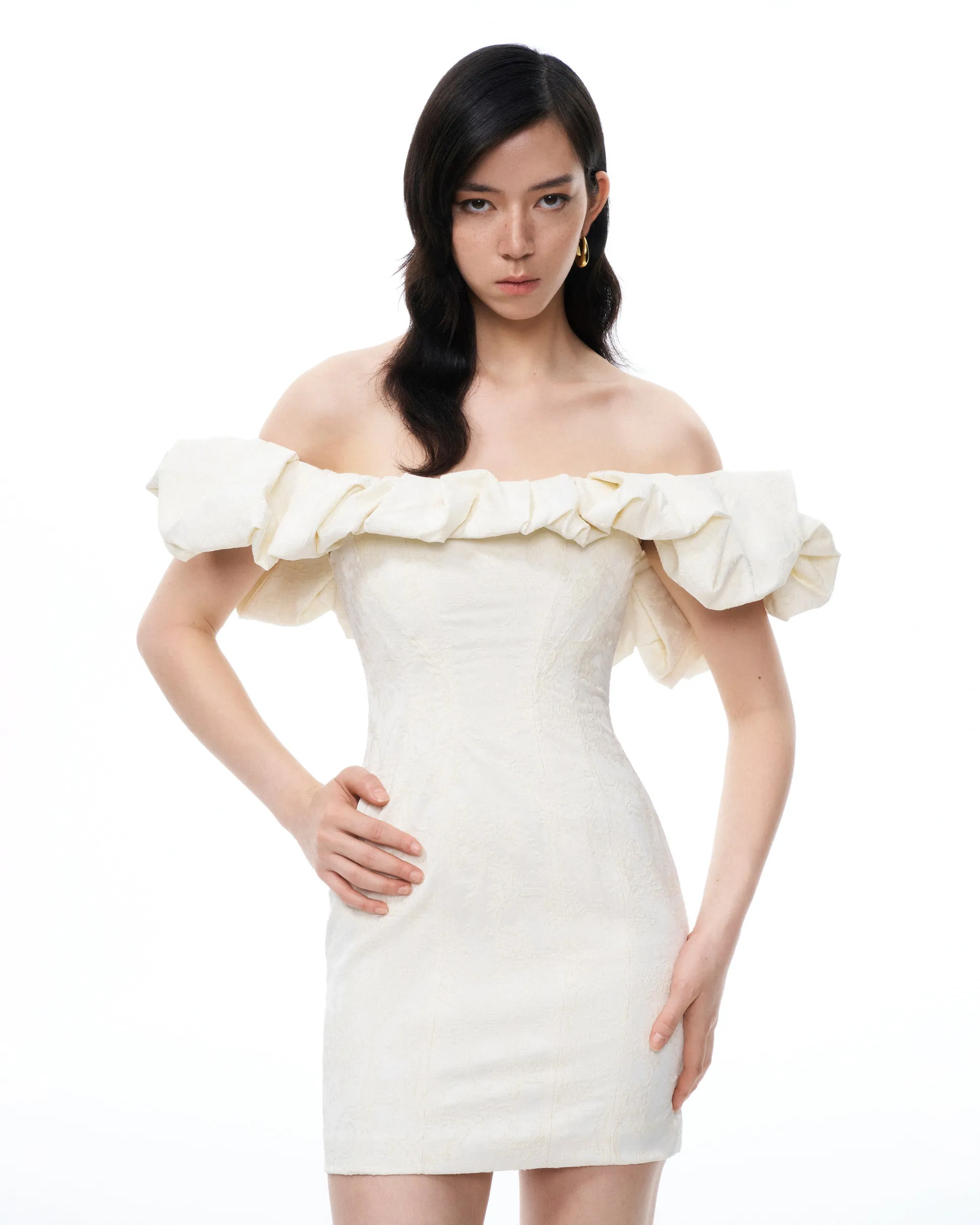 Althea Clouds Shoulders Floral Embroidered Mini Dress - White