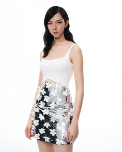 Arabella 3D Floral Sequin Embroidered Mini Dress - White