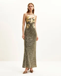 Araminta Sequined Gown with Floral Details - Gold