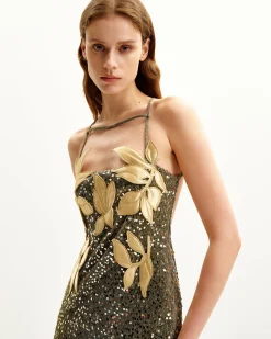 Araminta Sequined Gown with Floral Details - Gold