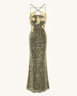 Araminta Sequined Gown with Floral Details - Gold
