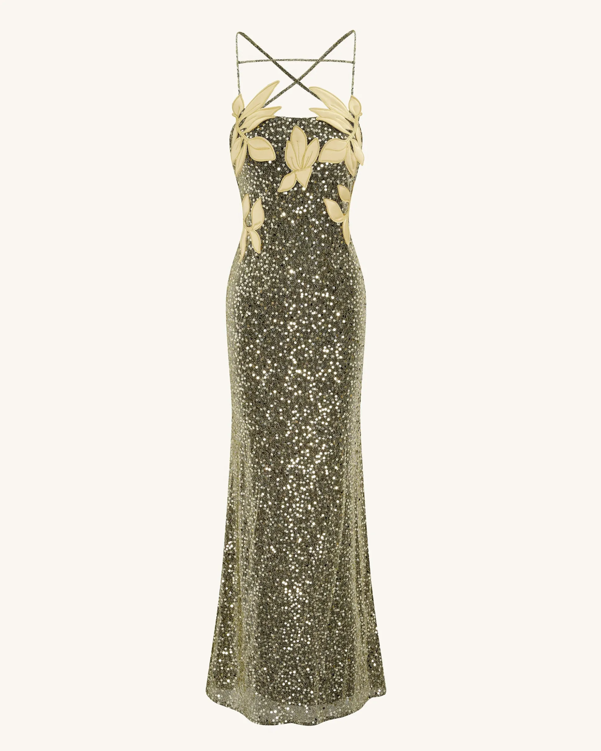 Araminta Sequined Gown with Floral Details - Gold