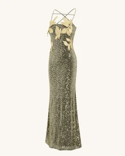 Araminta Sequined Gown with Floral Details - Gold