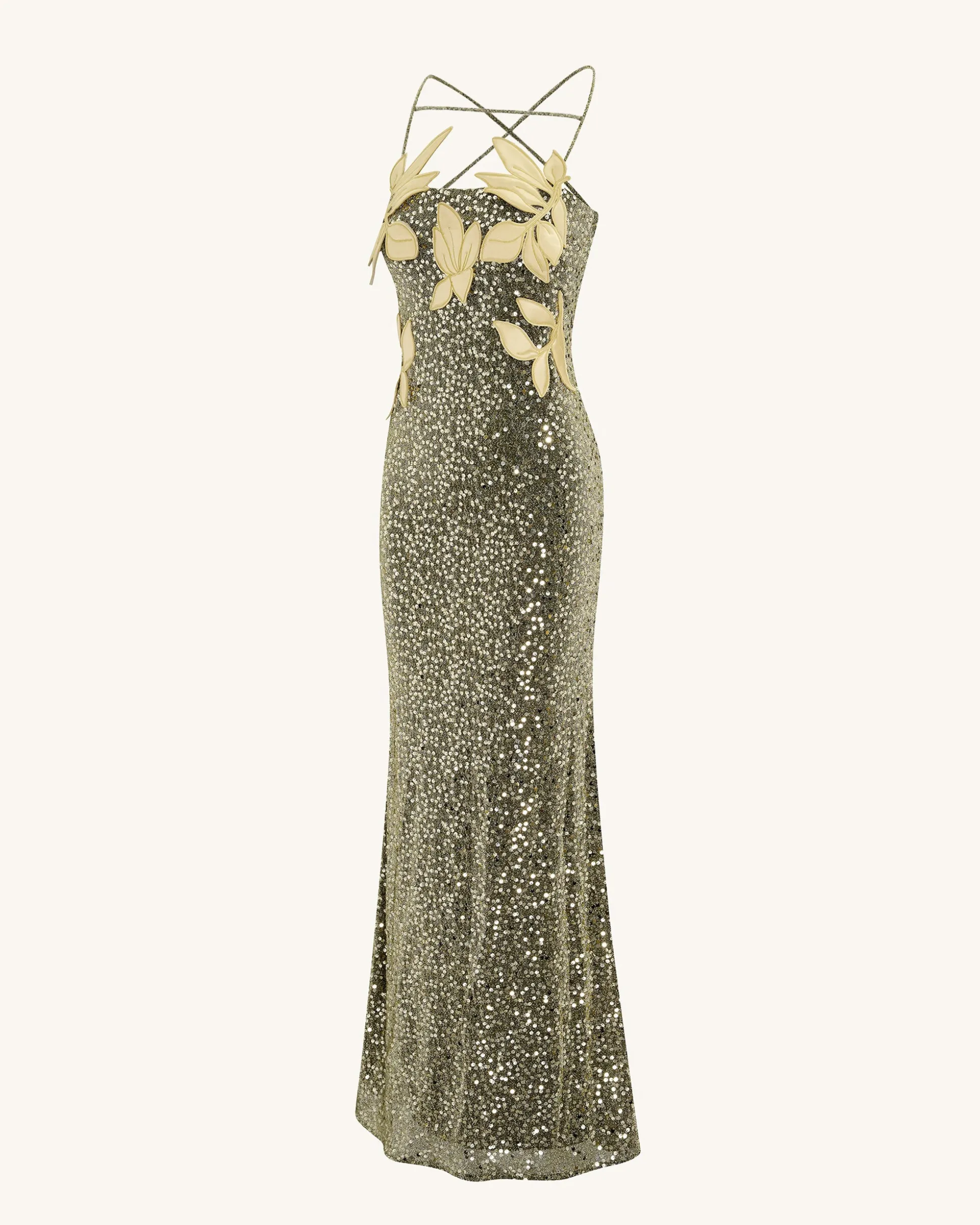 Araminta Sequined Gown with Floral Details - Gold
