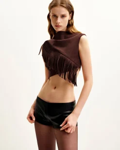 Ariana Asymmetric Fringe Sueded Top - Burgundy