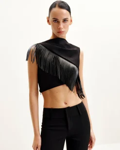 Ariana Asymmetric Fringe Sueded Top - Black