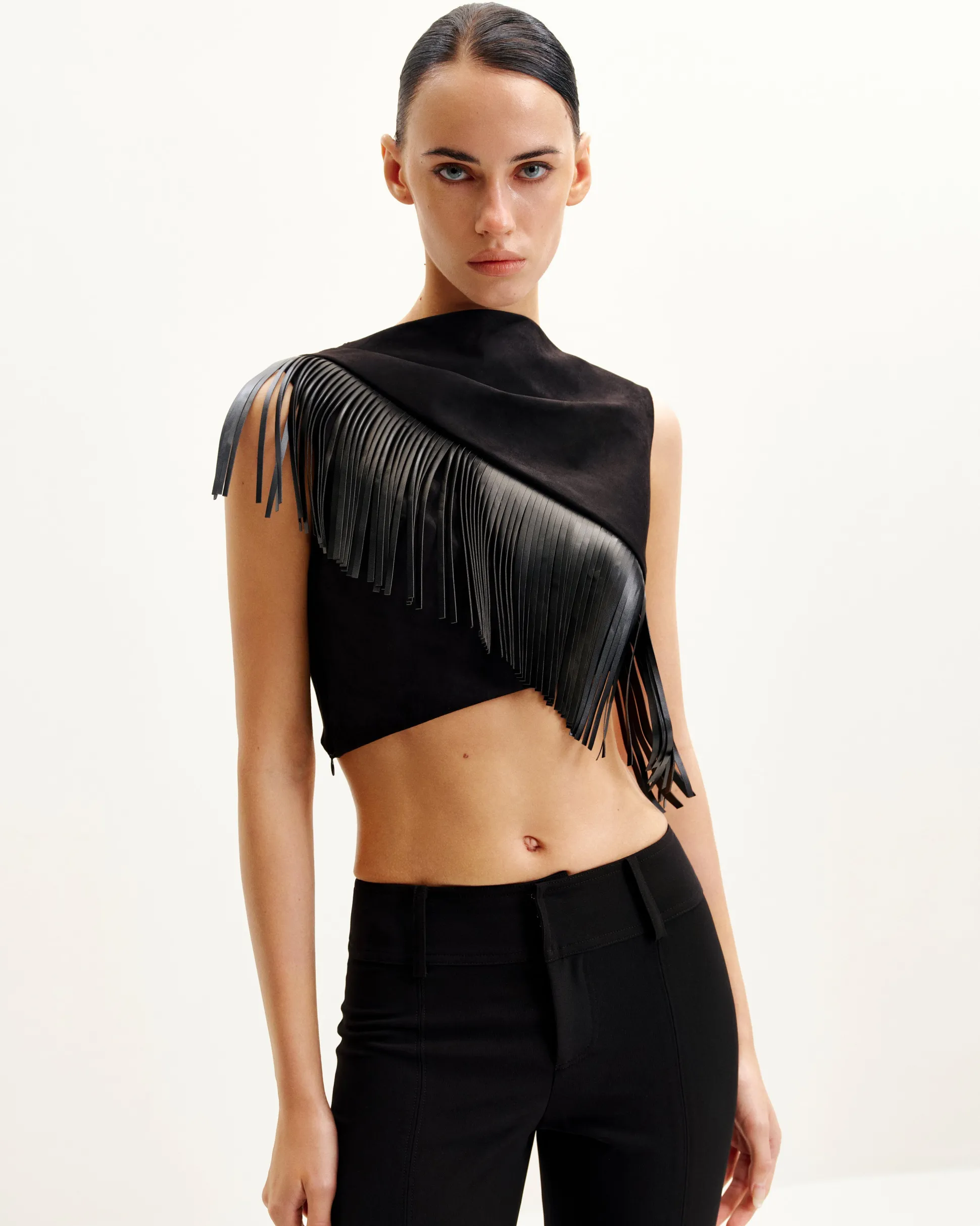 Ariana Asymmetric Fringe Sueded Top - Black