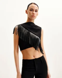 Ariana Asymmetric Fringe Sueded Top - Black