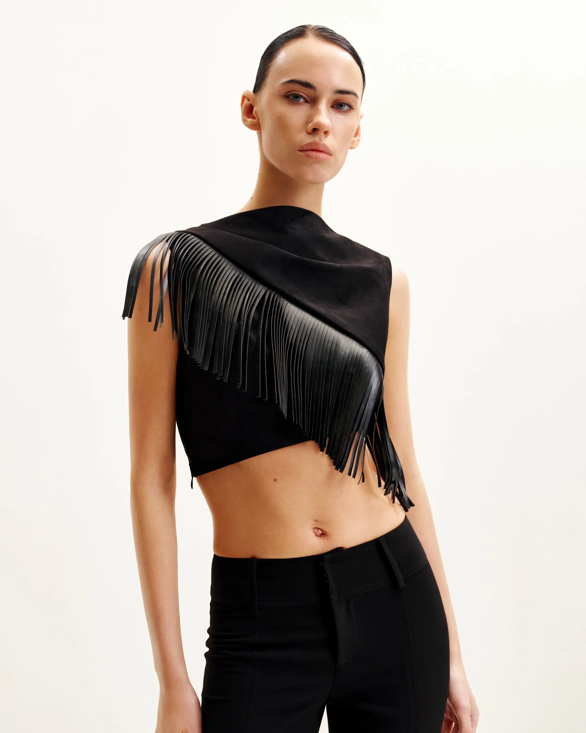 Ariana Asymmetric Fringe Sueded Top - Black