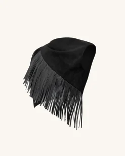 Ariana Asymmetric Fringe Sueded Top - Black