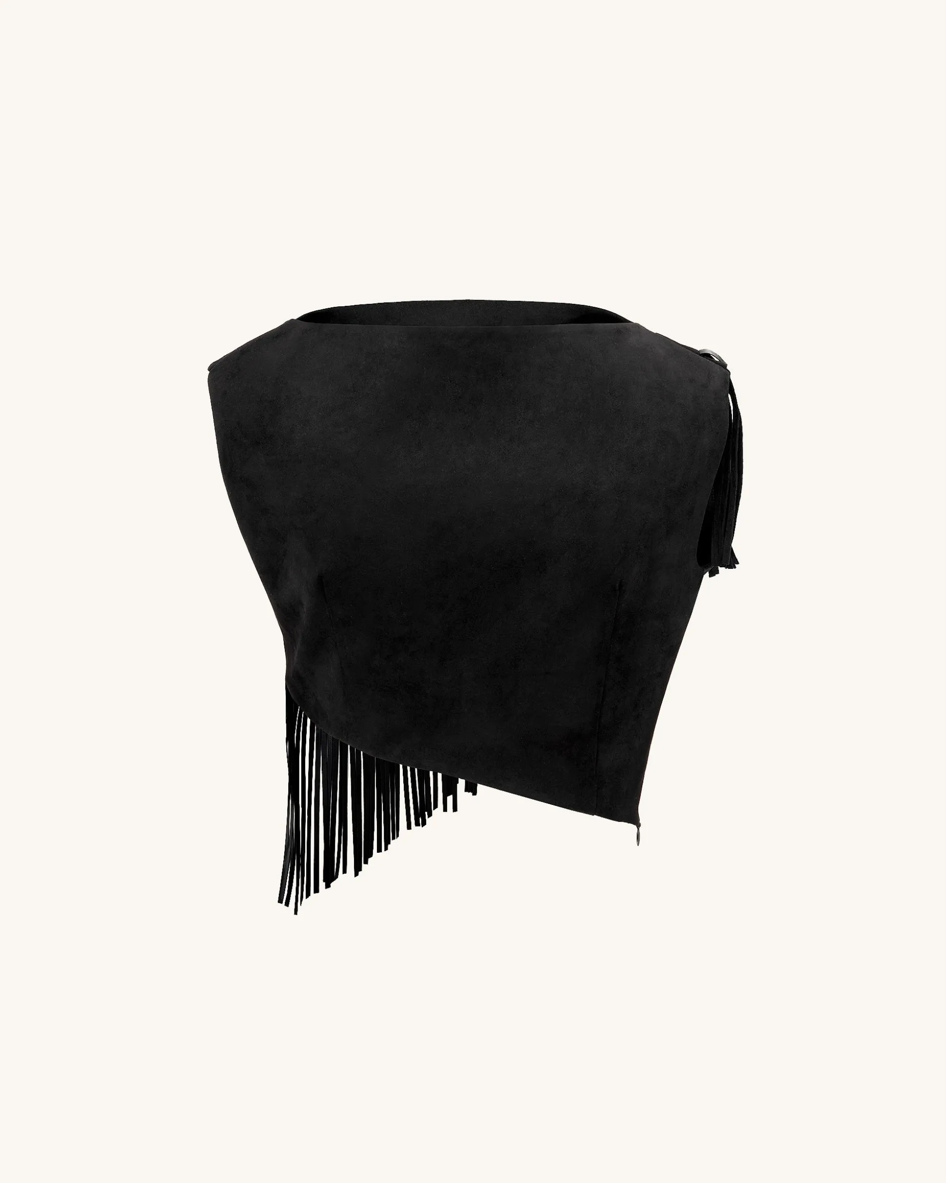 Ariana Asymmetric Fringe Sueded Top - Black
