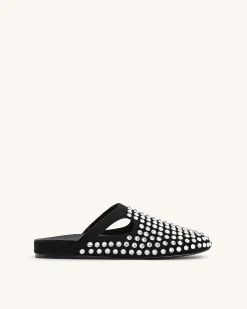 Athena Artificial Crystal Flat Mules - Black
