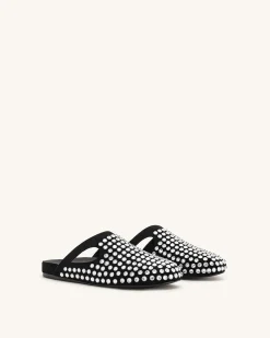 Athena Artificial Crystal Flat Mules - Black