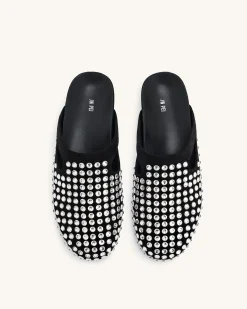 Athena Artificial Crystal Flat Mules - Black
