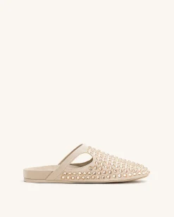 Athena Artificial Crystal Flat Mules - Beige