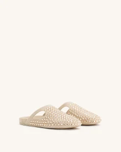 Athena Artificial Crystal Flat Mules - Beige