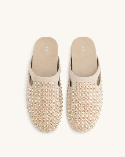 Athena Artificial Crystal Flat Mules - Beige