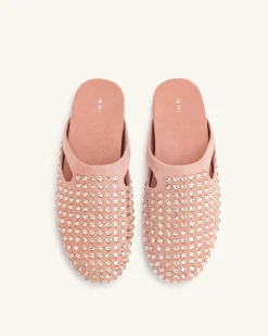 Athena Artificial Crystal Flat Mules - Pink Beige