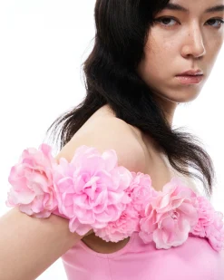 Aurelius Wrap-Around Shoulder 3D Floral Mini Dress - Pink