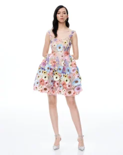 Aurora 3D Floral Embroidered Mini Dress - Pastel Multi