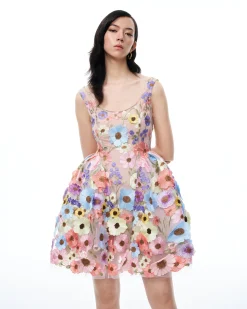 Aurora 3D Floral Embroidered Mini Dress - Pastel Multi