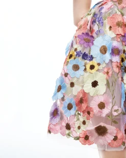Aurora 3D Floral Embroidered Mini Dress - Pastel Multi