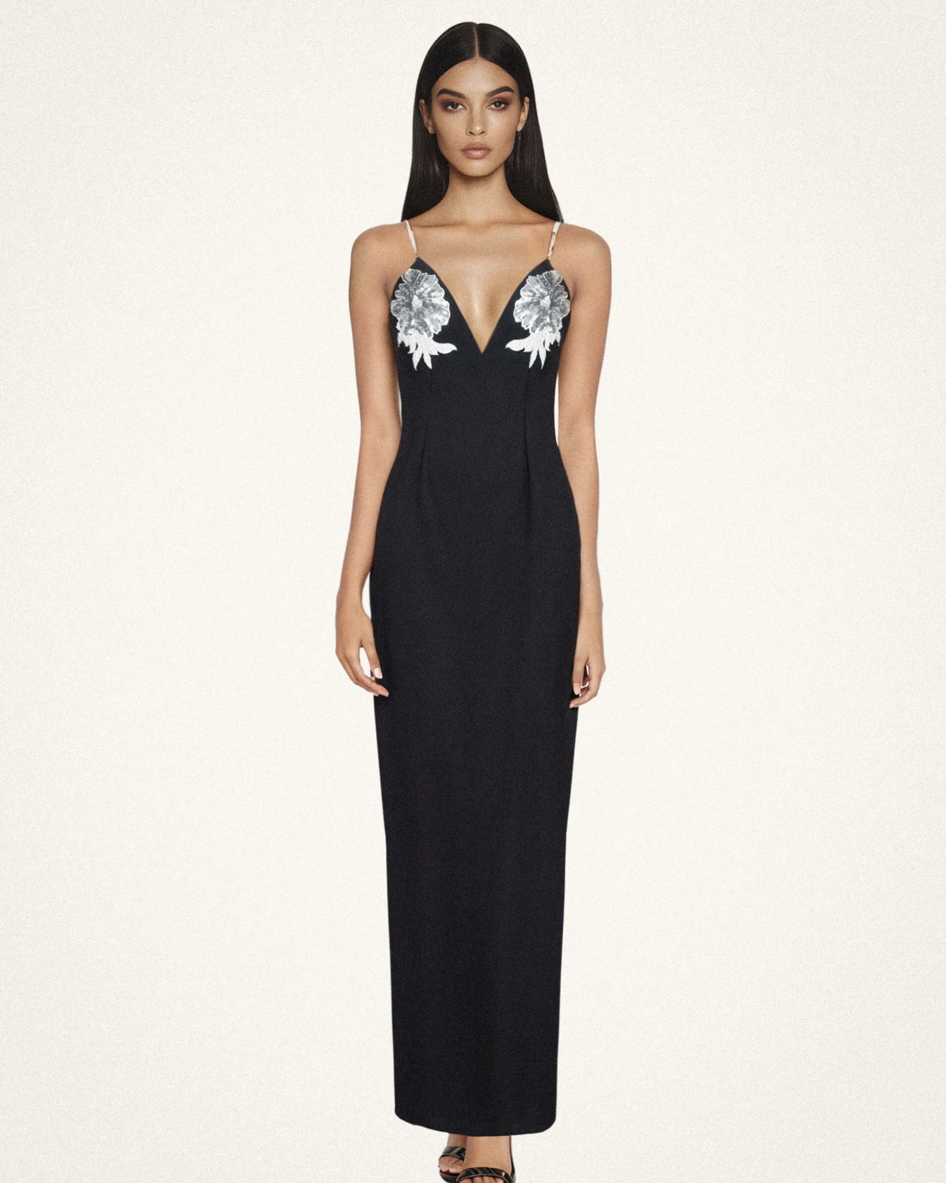 Ayliua Sweetheart-Neckline Rhinestones Embellished Black Long Dress -