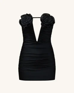Bailee Black Floral Applique And Ruched Tube Mini Dress - Black