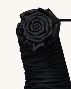 Bailee Black Floral Applique And Ruched Tube Mini Dress - Black