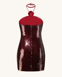 Burgundy Sequinned Halter Mini Dress - Burgundy