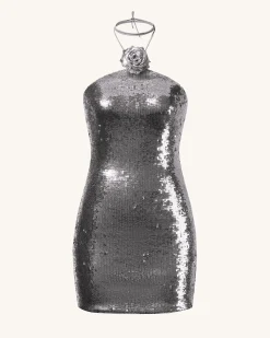 Burgundy Silver Sequinned Halter Mini Dress - Silver