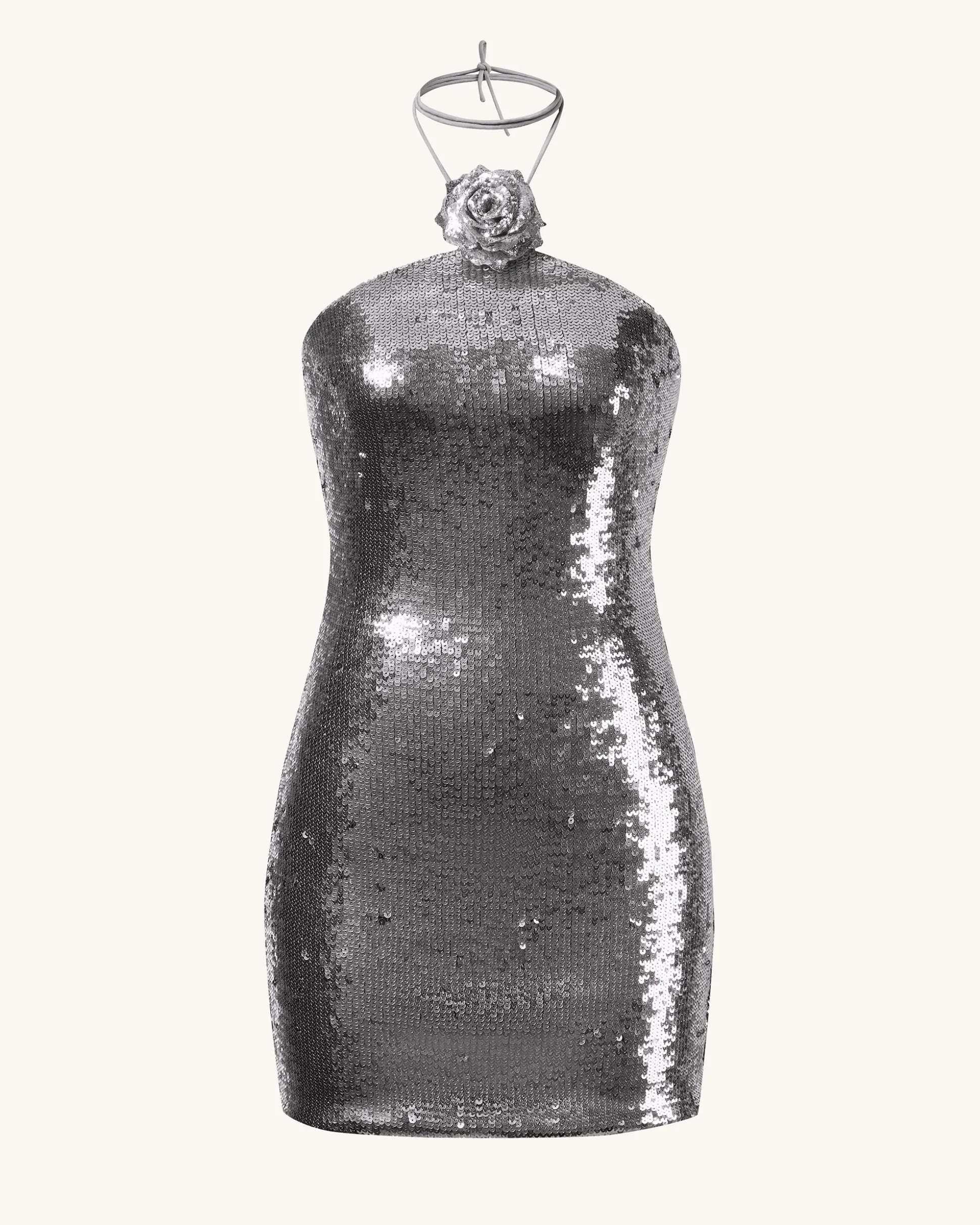 Burgundy Silver Sequinned Halter Mini Dress - Silver