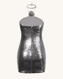 Burgundy Silver Sequinned Halter Mini Dress - Silver
