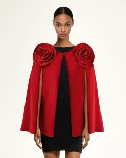 Clara Floral Applique Cape Coat - Red