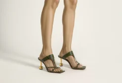 Cora Snakeskin Heeled Flip Flops - Green