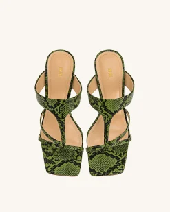 Cora Snakeskin Heeled Flip Flops - Green