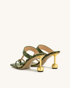 Cora Snakeskin Heeled Flip Flops - Green